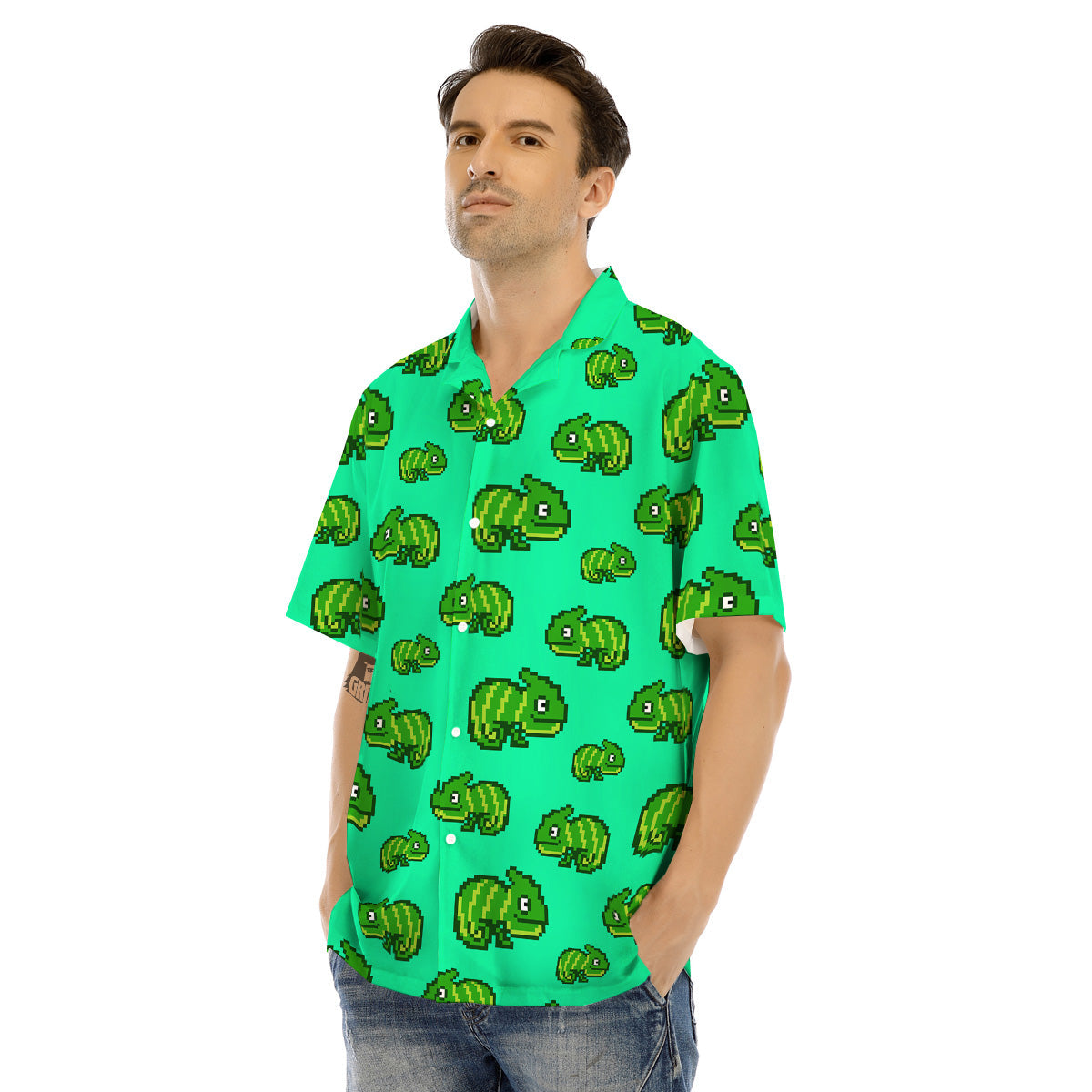 8 Bit Pixel Green Chameleons Print Pattern Men's Hawaiian Shirt-grizzshop