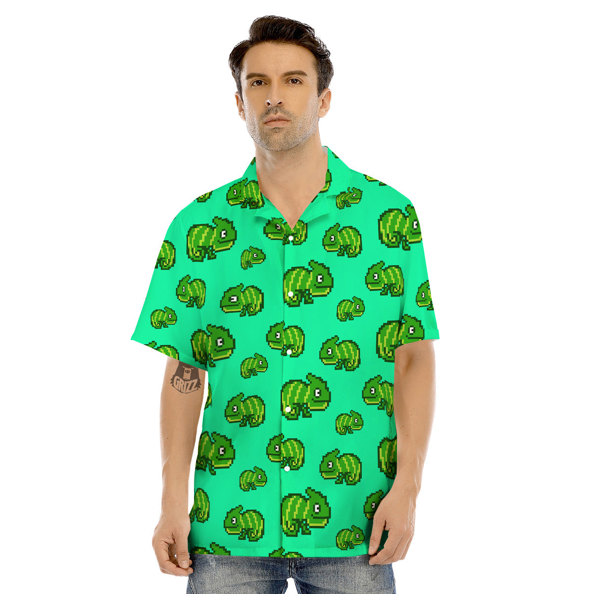 8 Bit Pixel Green Chameleons Print Pattern Men's Hawaiian Shirt-grizzshop