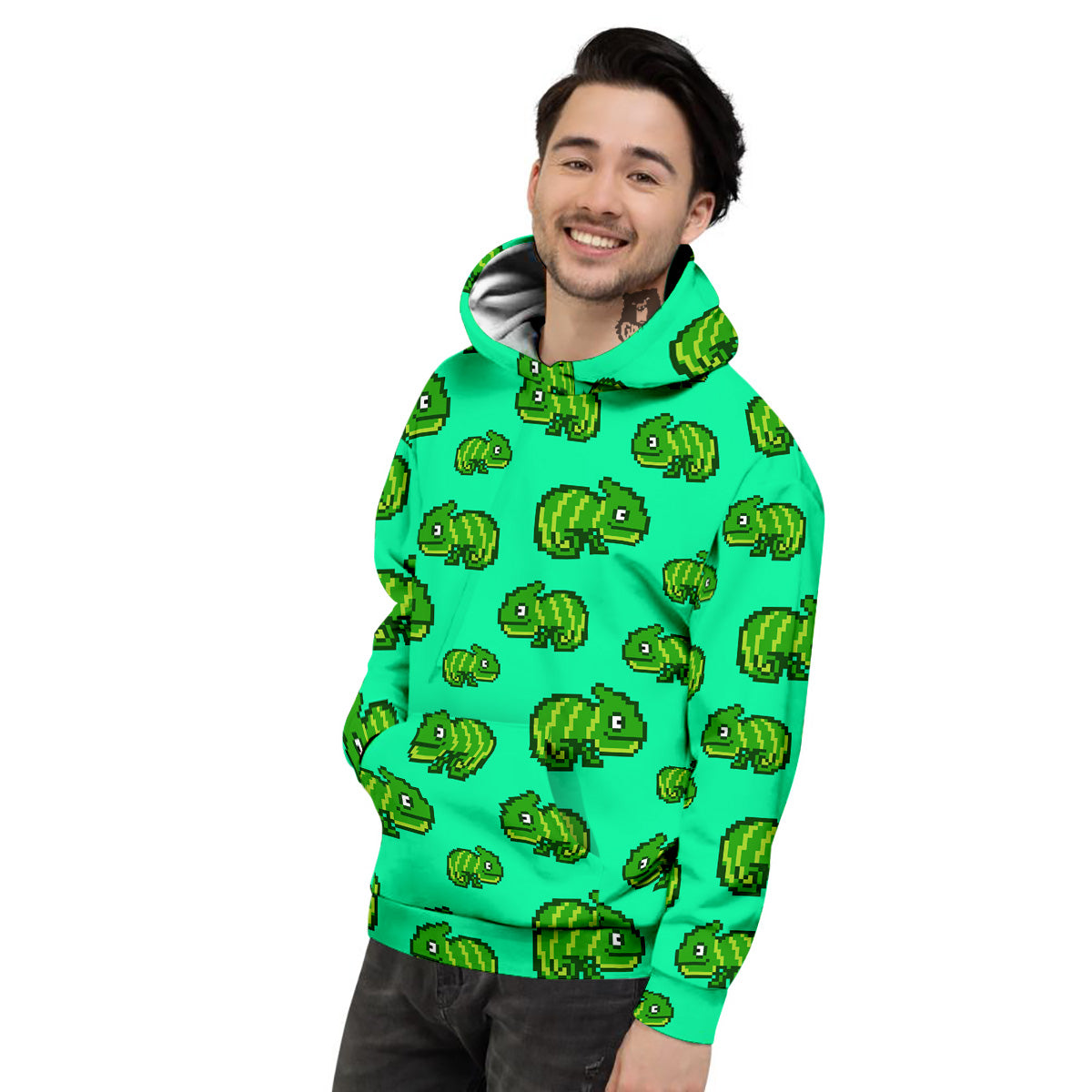 8 Bit Pixel Green Chameleons Print Pattern Men's Hoodie-grizzshop