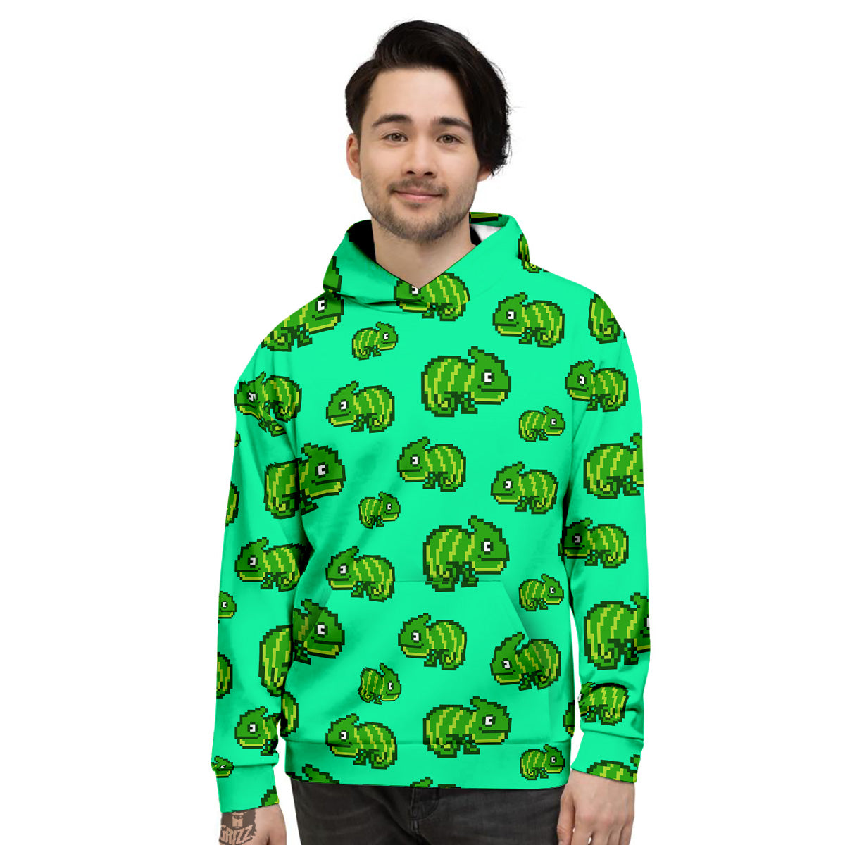 8 Bit Pixel Green Chameleons Print Pattern Men's Hoodie-grizzshop