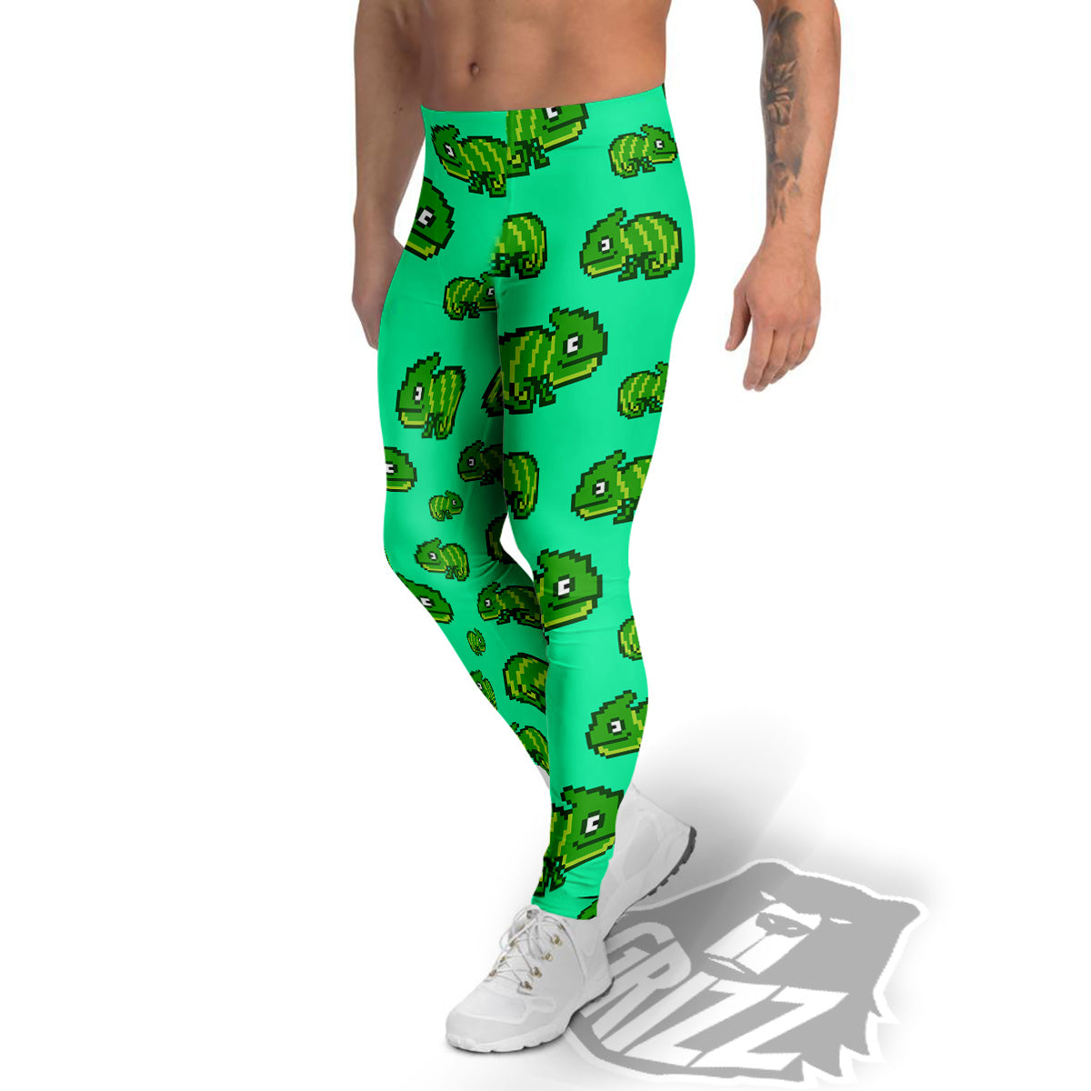 8 Bit Pixel Green Chameleons Print Pattern Men's Leggings-grizzshop