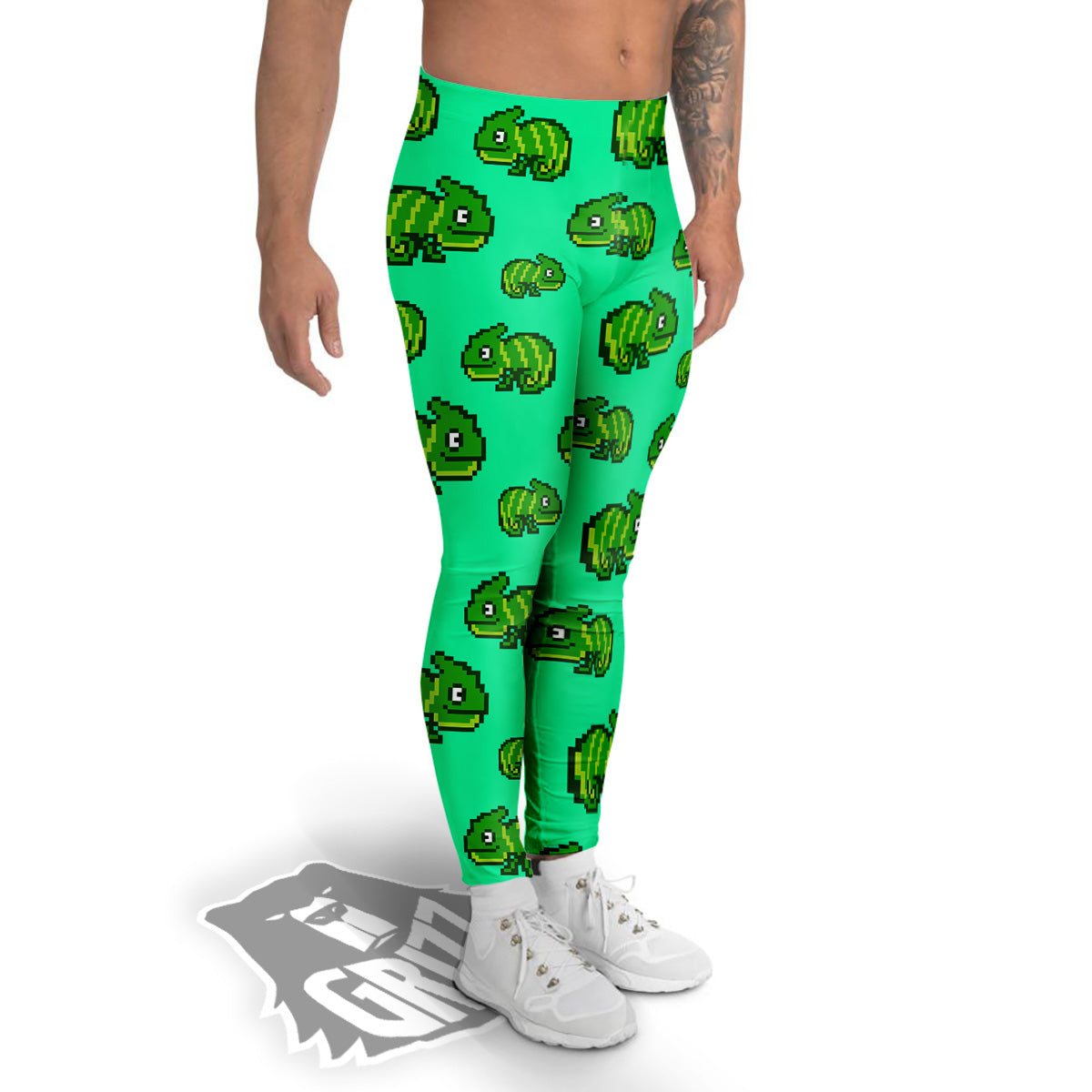 8 Bit Pixel Green Chameleons Print Pattern Men's Leggings-grizzshop