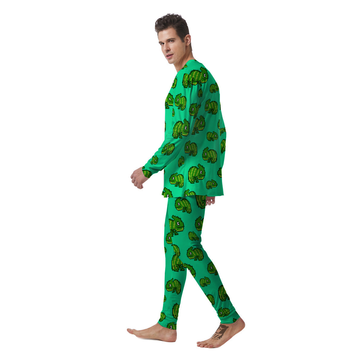 8 Bit Pixel Green Chameleons Print Pattern Men's Pajamas-grizzshop