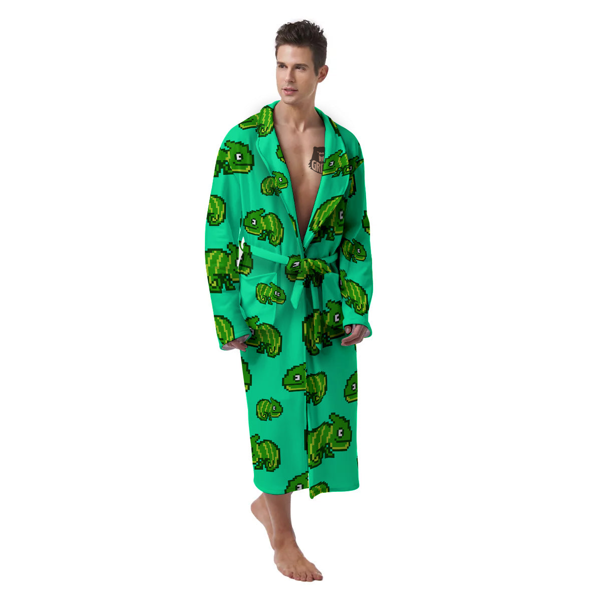 8 Bit Pixel Green Chameleons Print Pattern Men's Robe-grizzshop