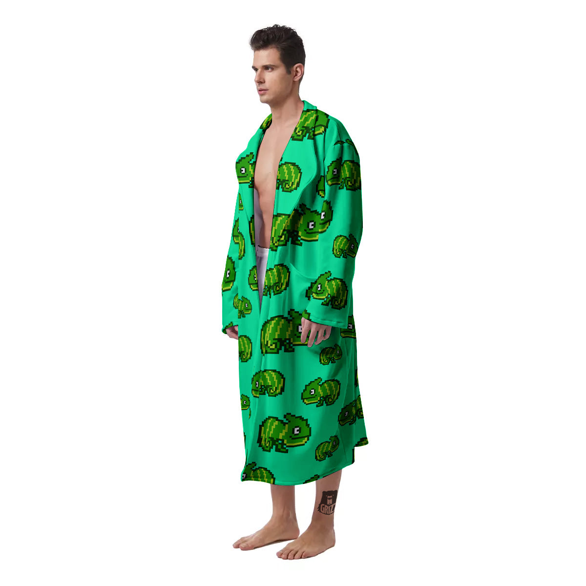 8 Bit Pixel Green Chameleons Print Pattern Men's Robe-grizzshop