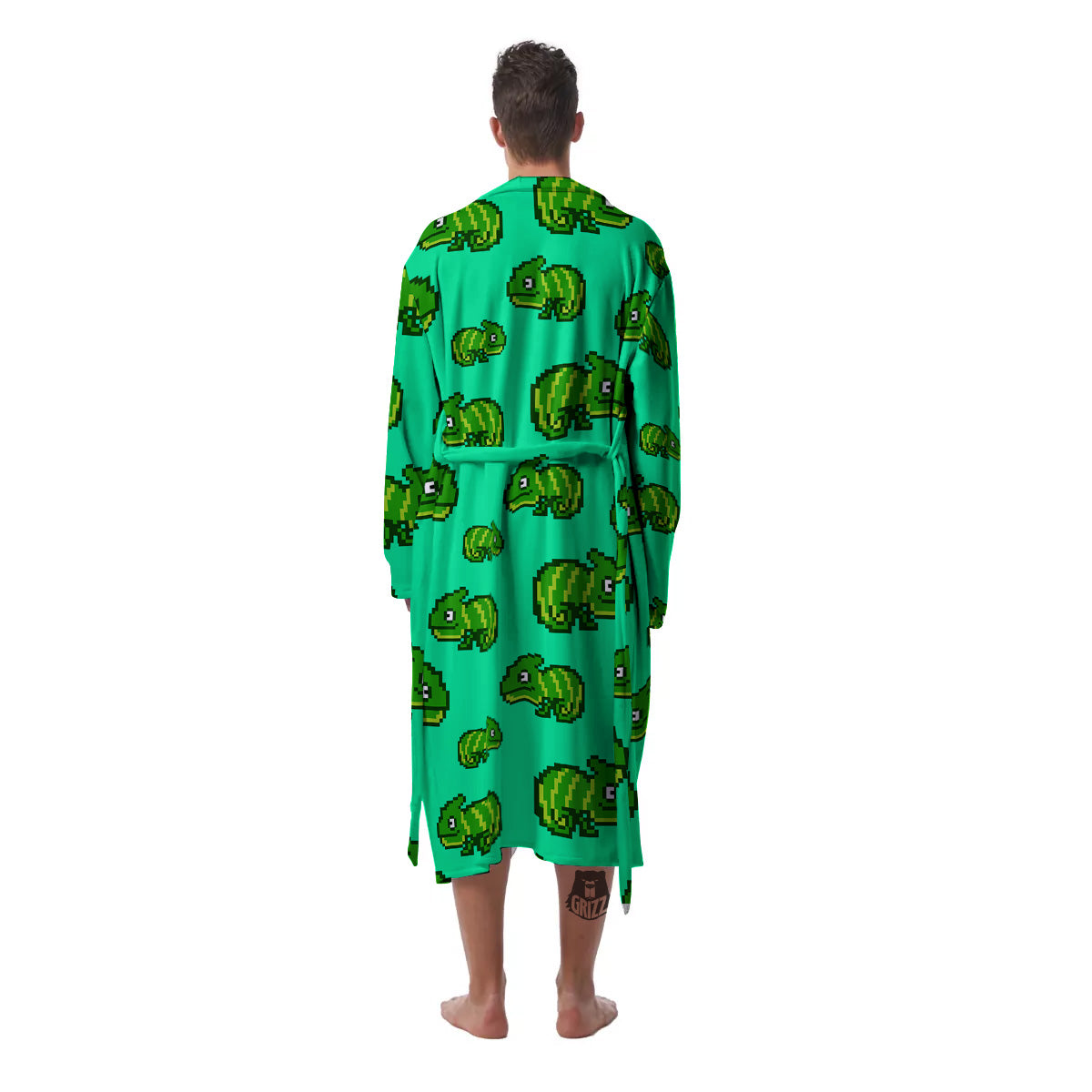 8 Bit Pixel Green Chameleons Print Pattern Men's Robe-grizzshop