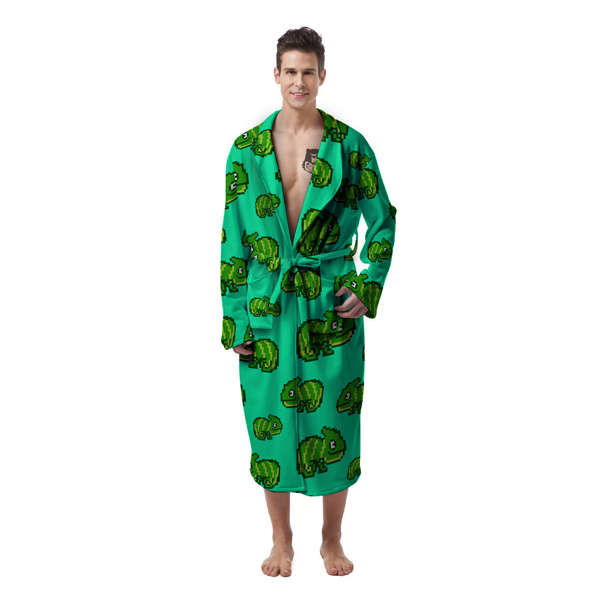 8 Bit Pixel Green Chameleons Print Pattern Men's Robe-grizzshop