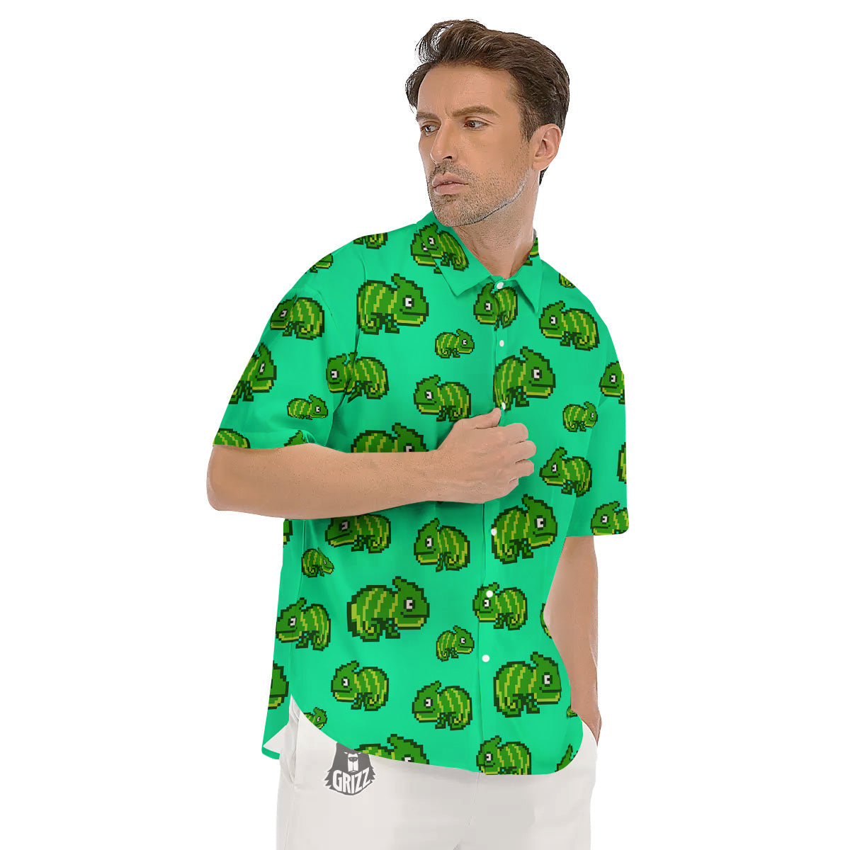 8 Bit Pixel Green Chameleons Print Pattern Men's Short Sleeve Shirts-grizzshop