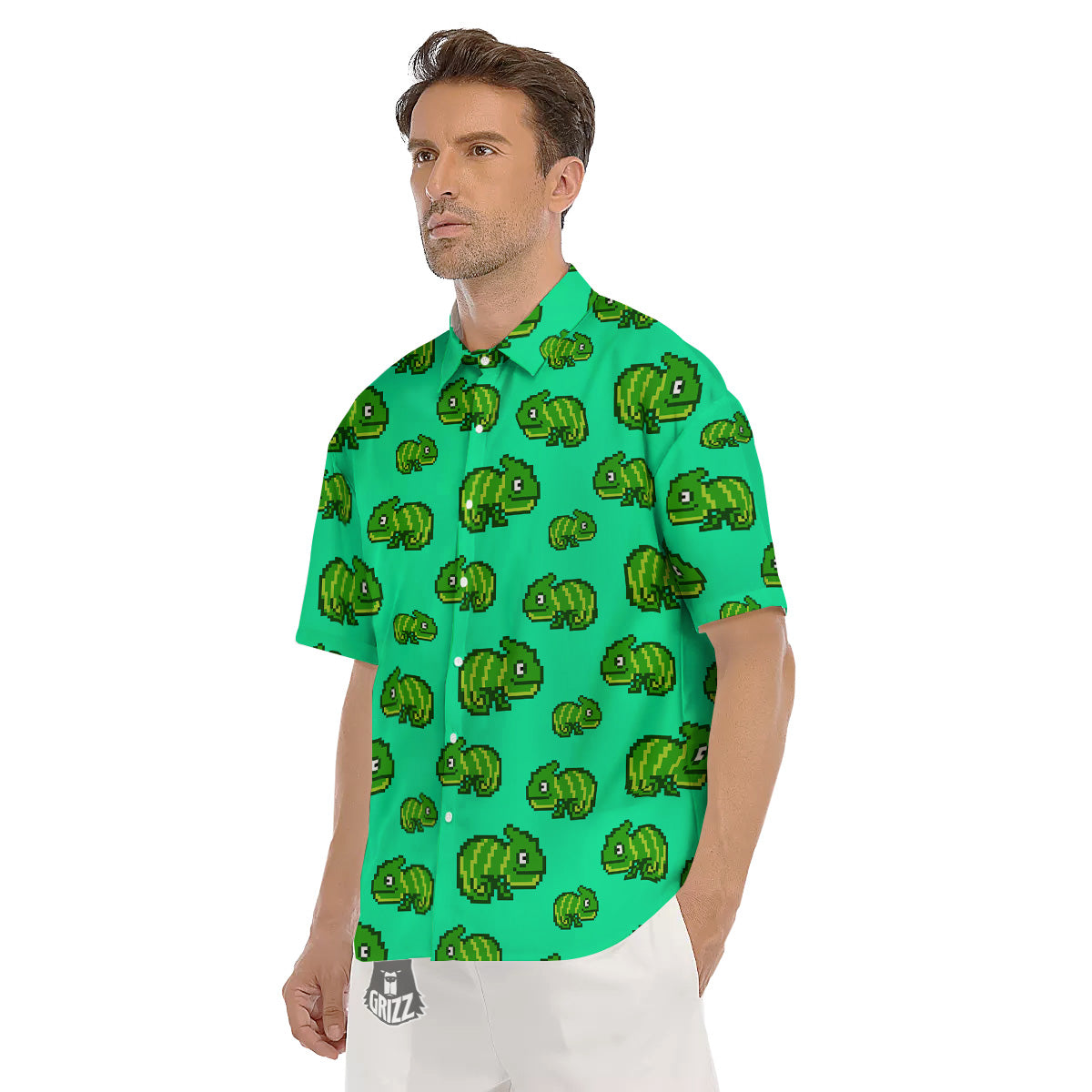 8 Bit Pixel Green Chameleons Print Pattern Men's Short Sleeve Shirts-grizzshop