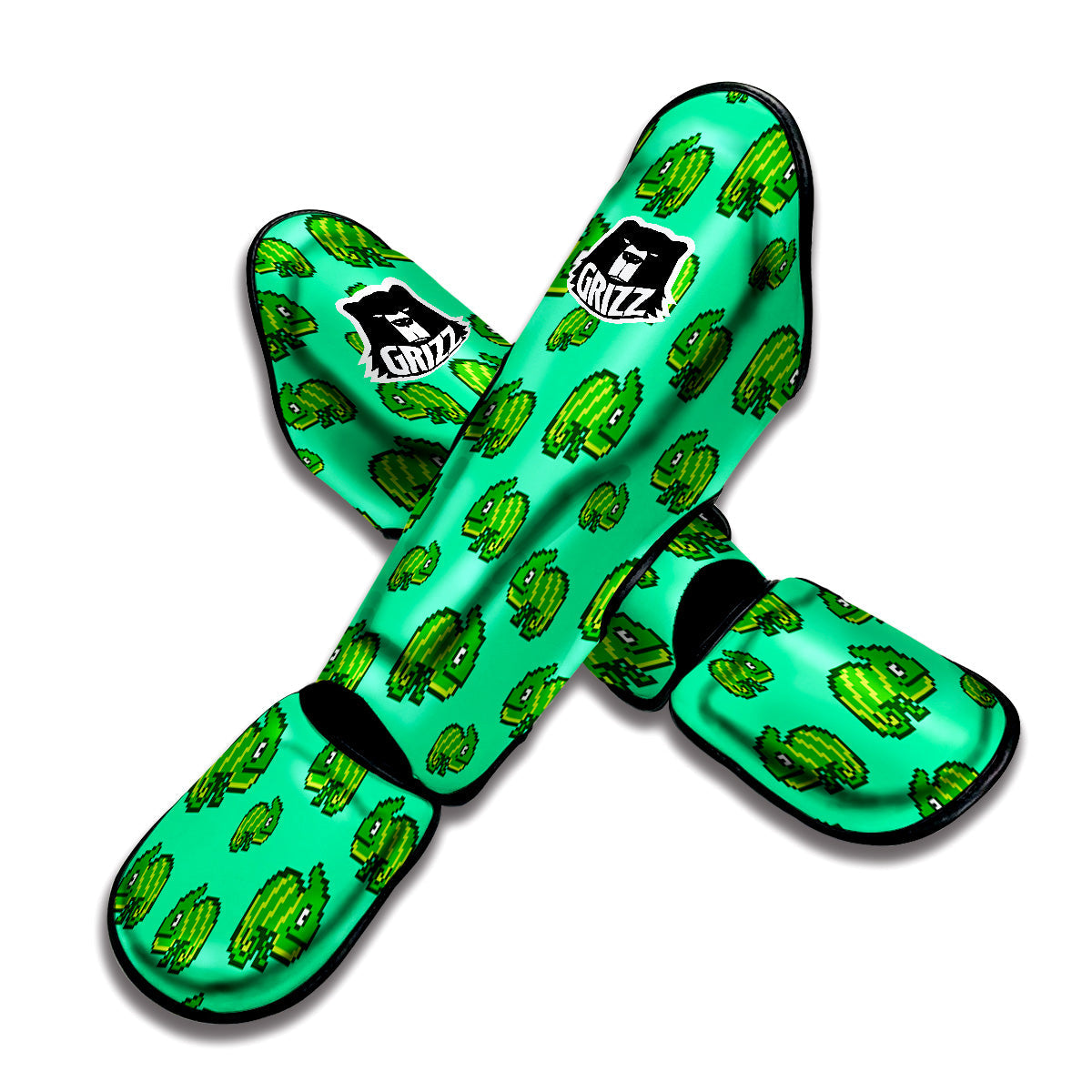 8 Bit Pixel Green Chameleons Print Pattern Muay Thai Shin Guards-grizzshop