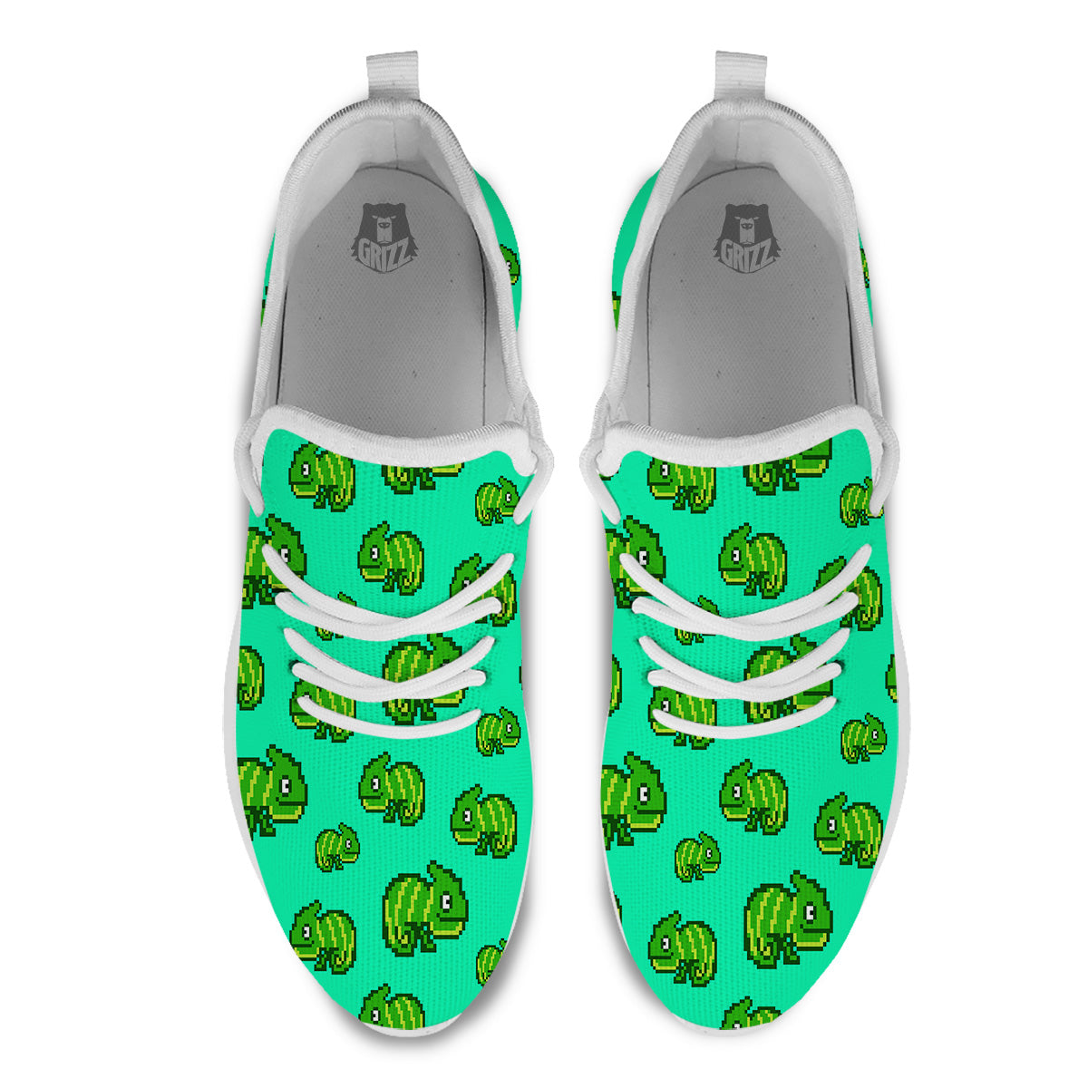 8 Bit Pixel Green Chameleons Print Pattern White Athletic Shoes-grizzshop