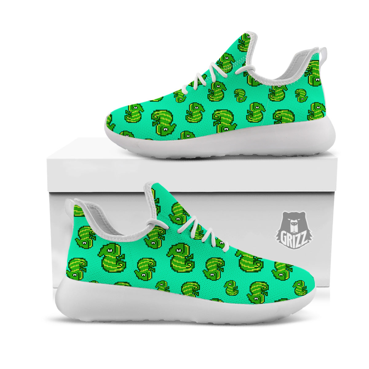 8 Bit Pixel Green Chameleons Print Pattern White Athletic Shoes-grizzshop