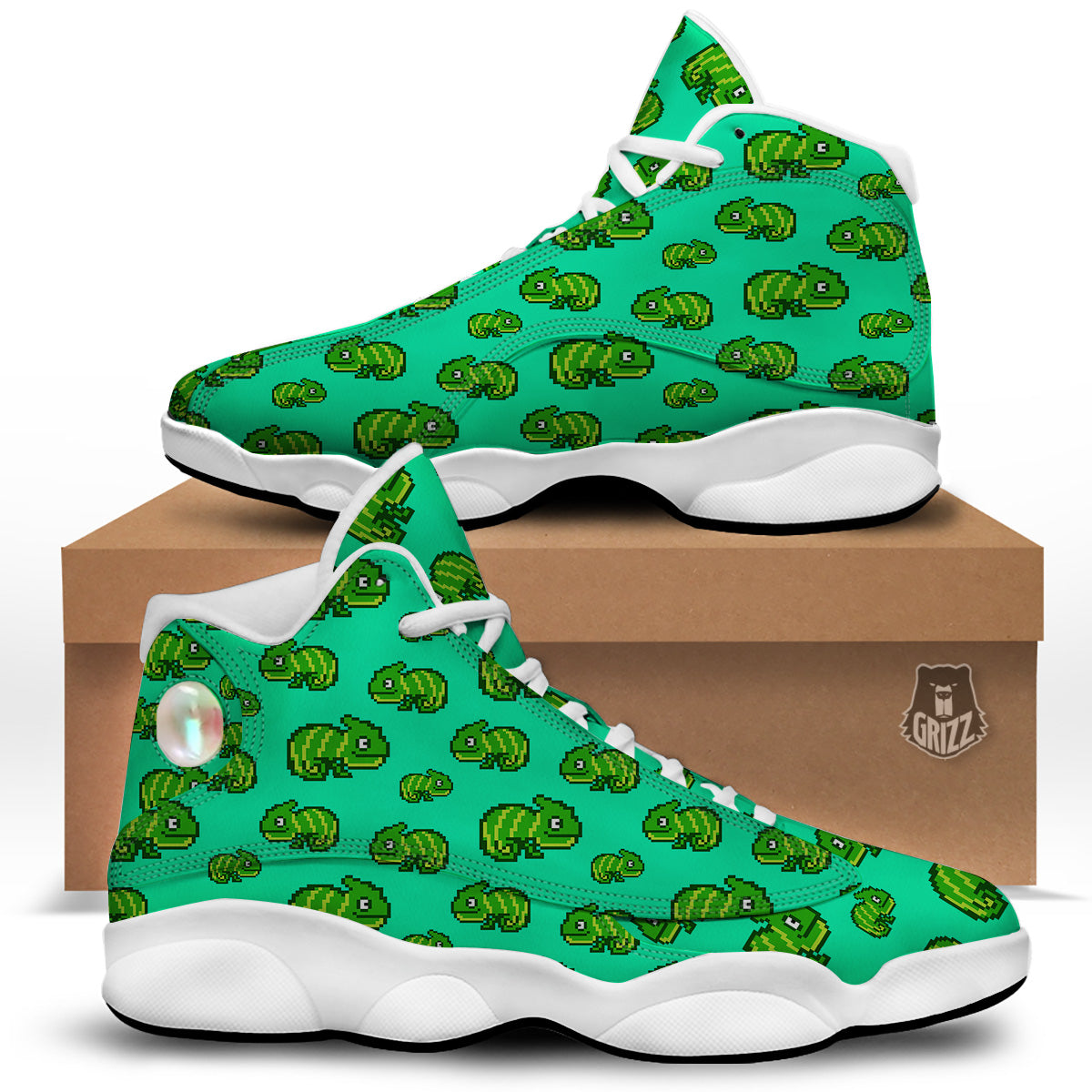 8 Bit Pixel Green Chameleons Print Pattern White Basketball Shoes-grizzshop