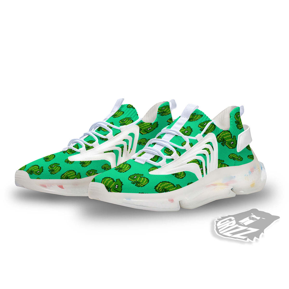 8 Bit Pixel Green Chameleons Print Pattern White Gym Shoes-grizzshop