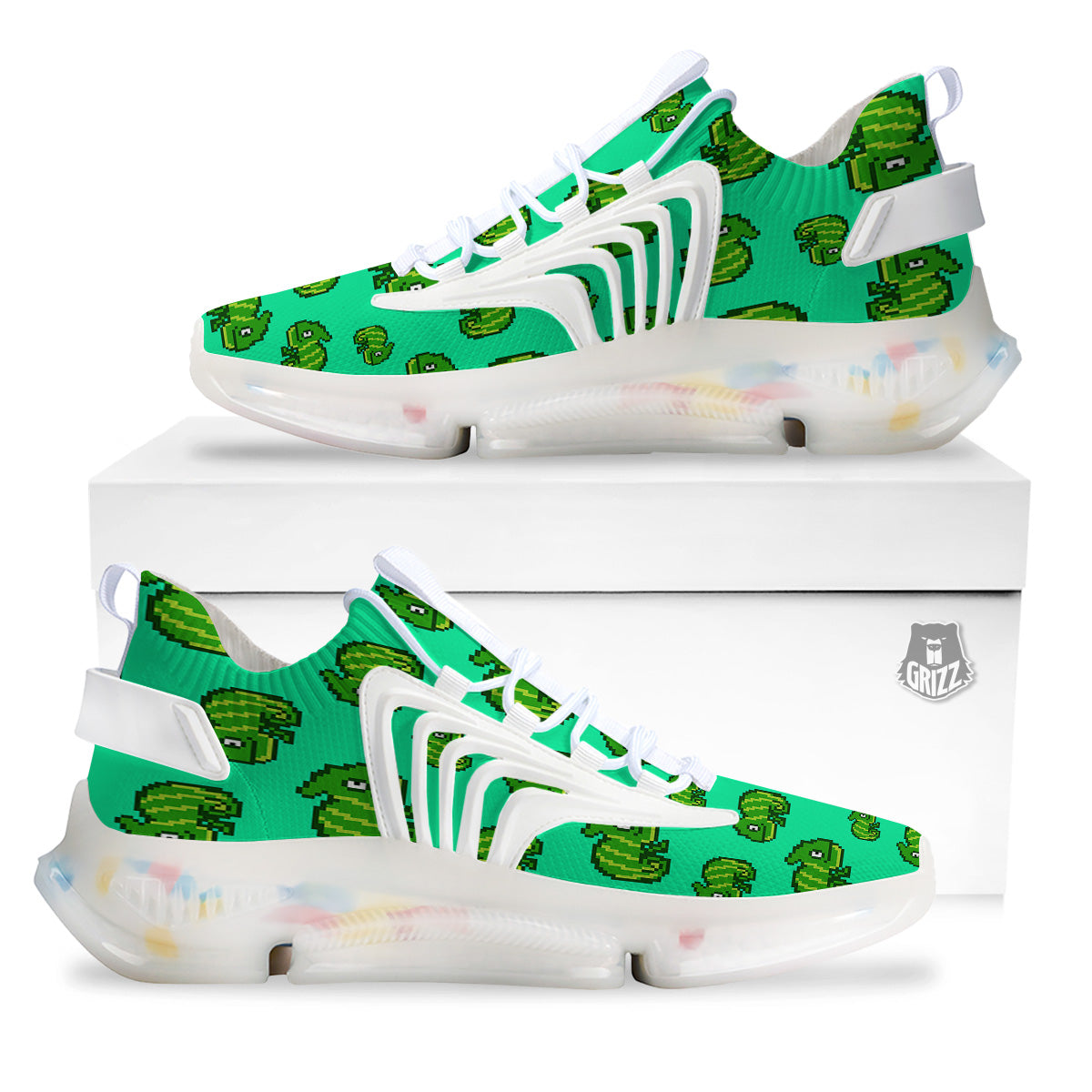 8 Bit Pixel Green Chameleons Print Pattern White Gym Shoes-grizzshop