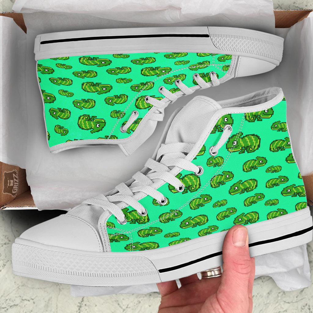 8 Bit Pixel Green Chameleons Print Pattern White High Top Shoes-grizzshop