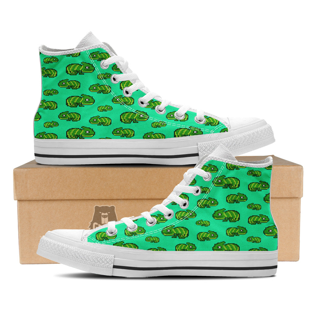 8 Bit Pixel Green Chameleons Print Pattern White High Top Shoes-grizzshop