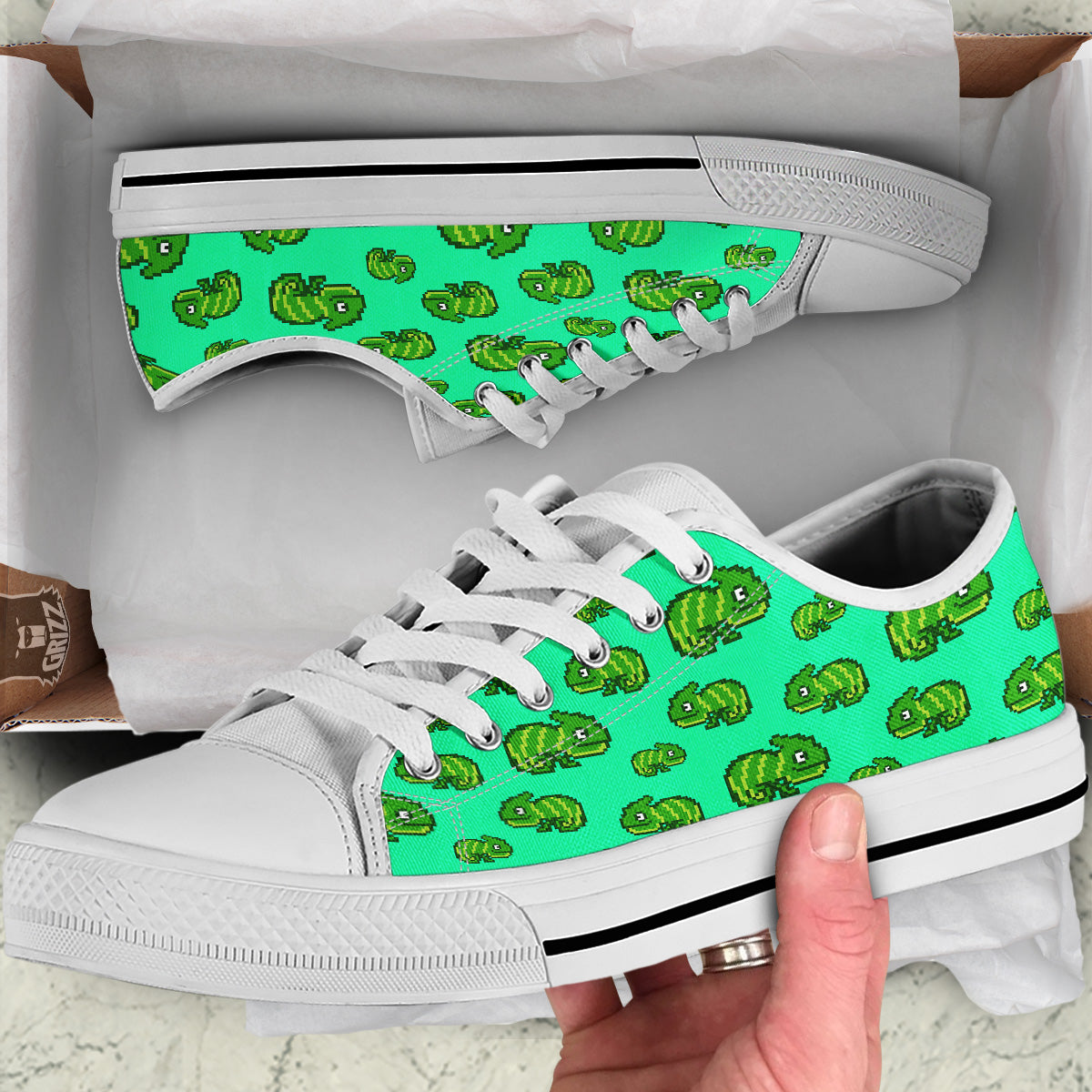 8 Bit Pixel Green Chameleons Print Pattern White Low Top Shoes-grizzshop