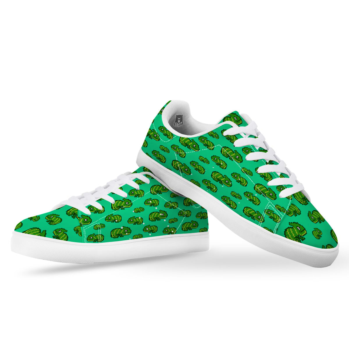 8 Bit Pixel Green Chameleons Print Pattern White Low Top Sneakers-grizzshop