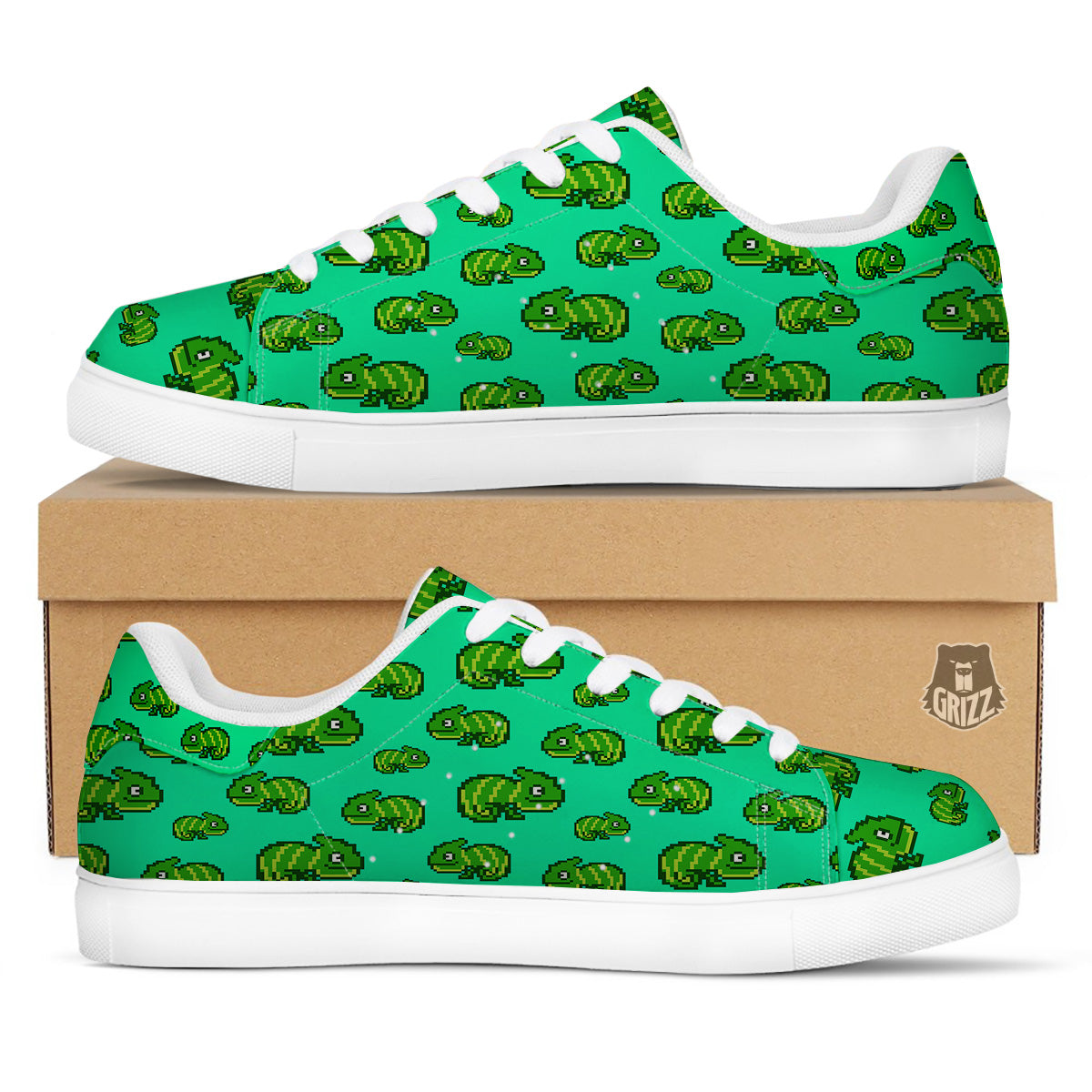 8 Bit Pixel Green Chameleons Print Pattern White Low Top Sneakers-grizzshop