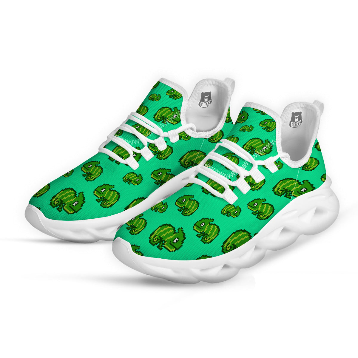8 Bit Pixel Green Chameleons Print Pattern White Running Shoes-grizzshop