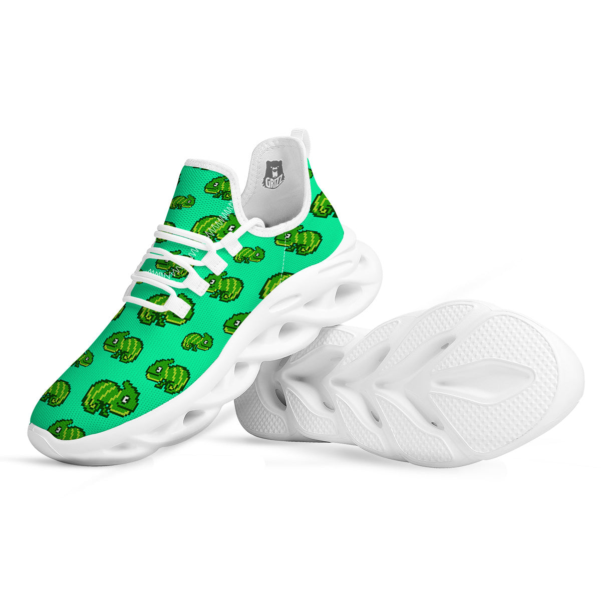 8 Bit Pixel Green Chameleons Print Pattern White Running Shoes-grizzshop