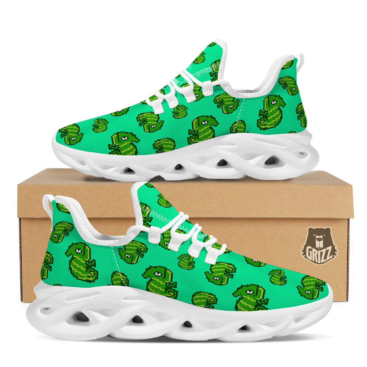 8 Bit Pixel Green Chameleons Print Pattern White Running Shoes-grizzshop