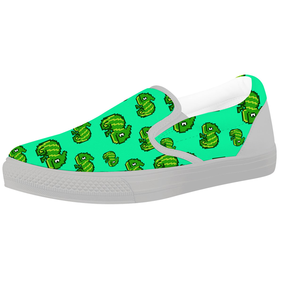 8 Bit Pixel Green Chameleons Print Pattern White Slip On Shoes-grizzshop