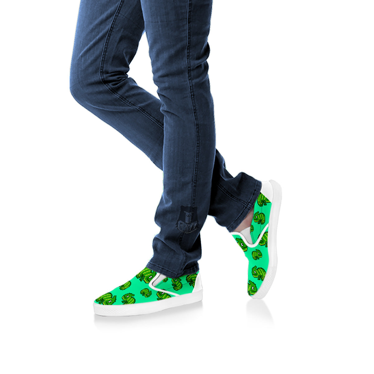 8 Bit Pixel Green Chameleons Print Pattern White Slip On Shoes-grizzshop