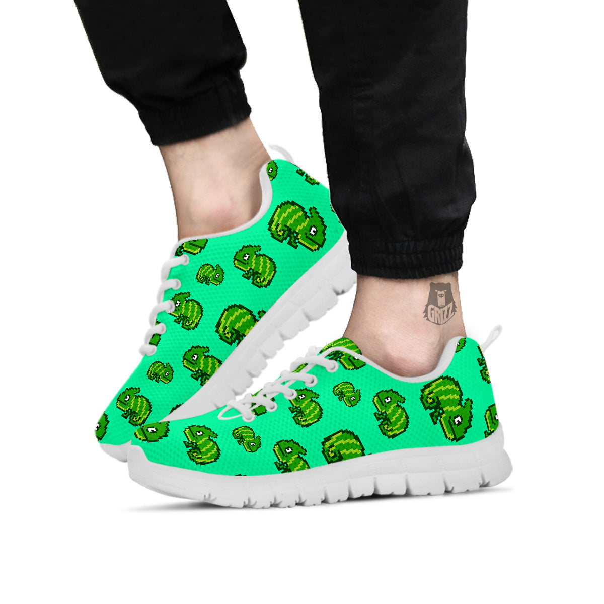 8 Bit Pixel Green Chameleons Print Pattern White Sneaker-grizzshop