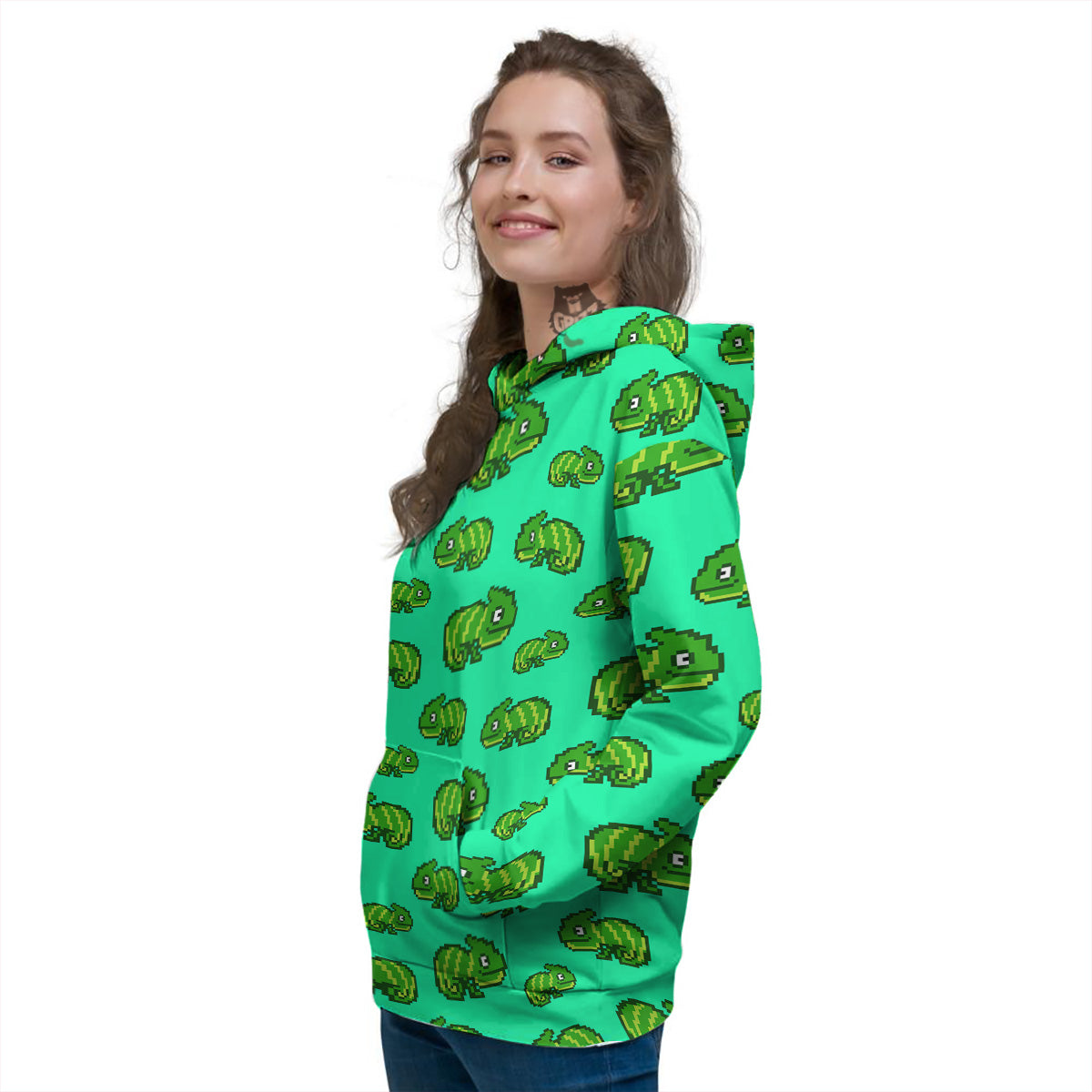 8 Bit Pixel Green Chameleons Print Pattern Women's Hoodie-grizzshop