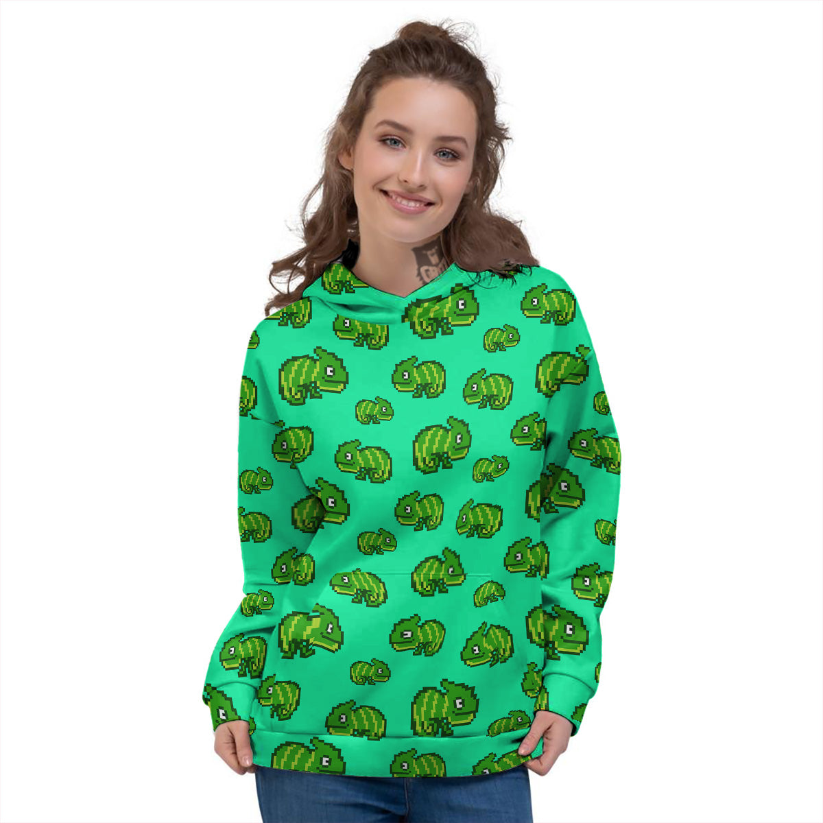8 Bit Pixel Green Chameleons Print Pattern Women's Hoodie-grizzshop
