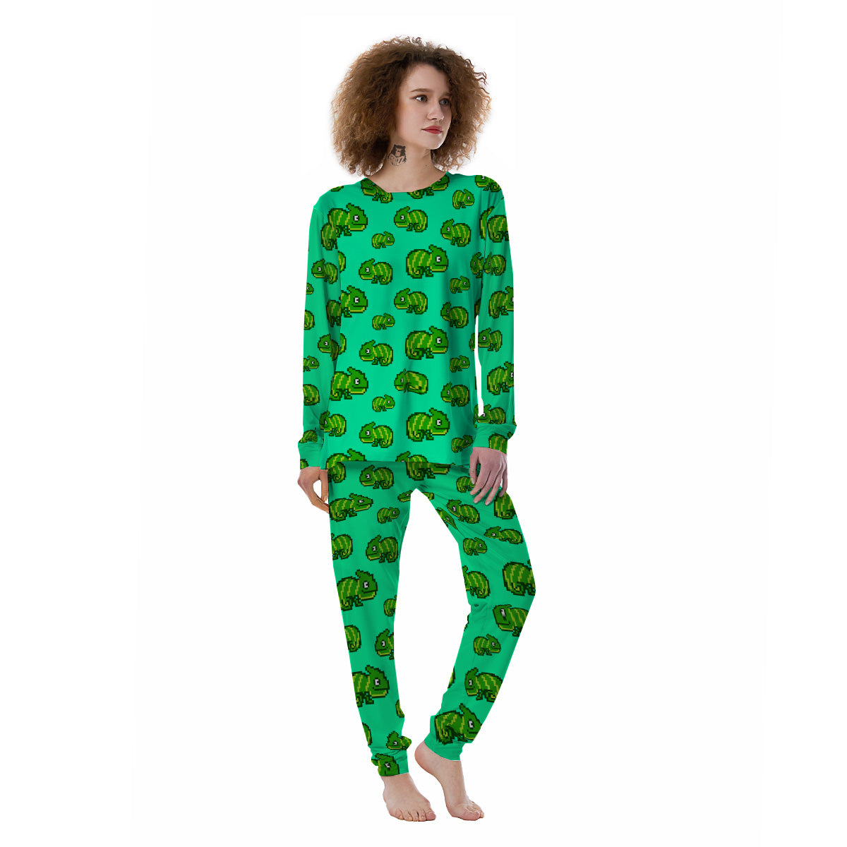 8 Bit Pixel Green Chameleons Print Pattern Women's Pajamas-grizzshop