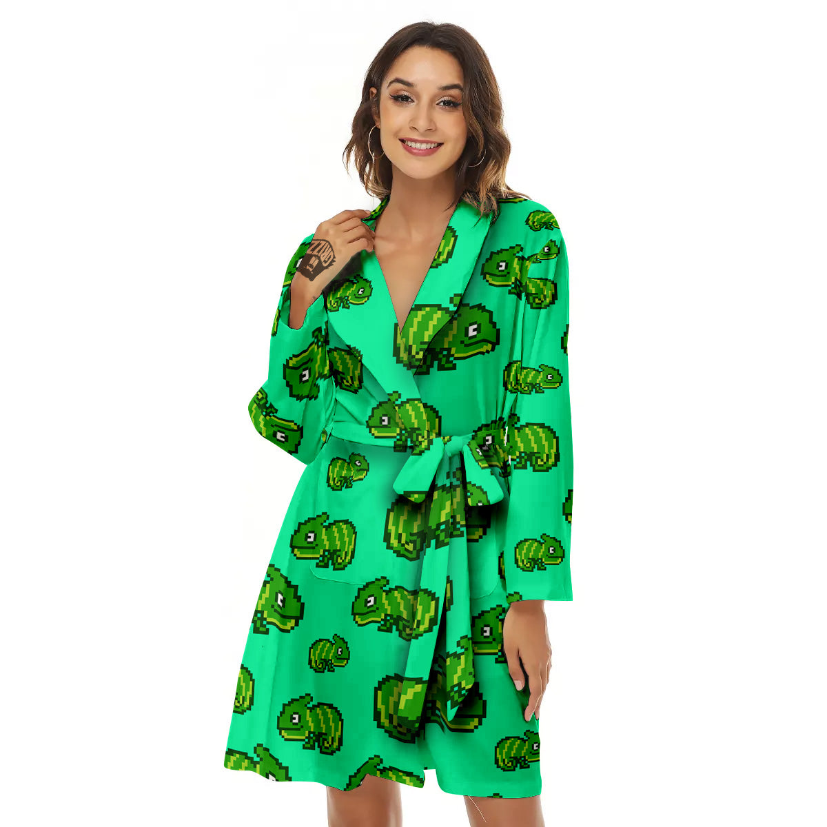 8 Bit Pixel Green Chameleons Print Pattern Women's Robe-grizzshop