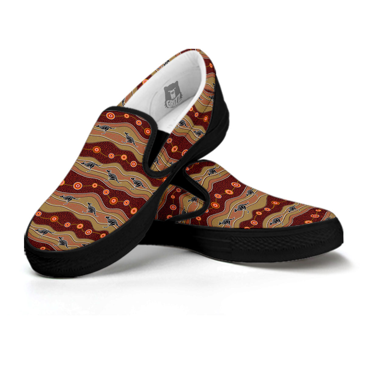 Aboriginal Australian Kangaroo Print Black Slip On Shoes-grizzshop