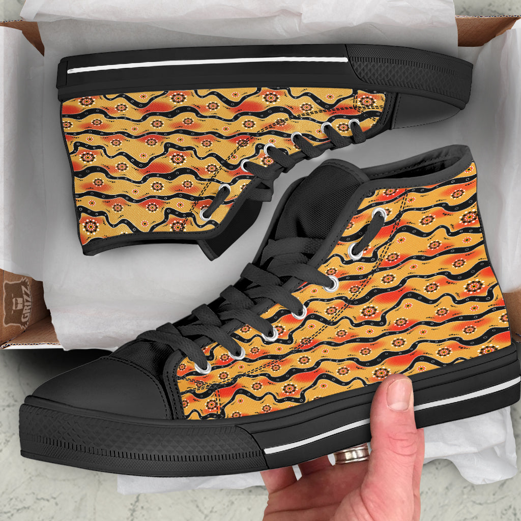 Aboriginal Australian Print Pattern Black High Top Shoes-grizzshop