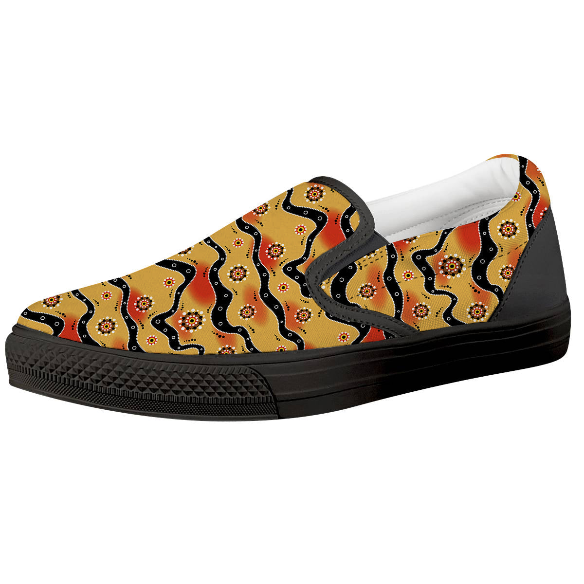 Aboriginal Australian Print Pattern Black Slip On Shoes-grizzshop