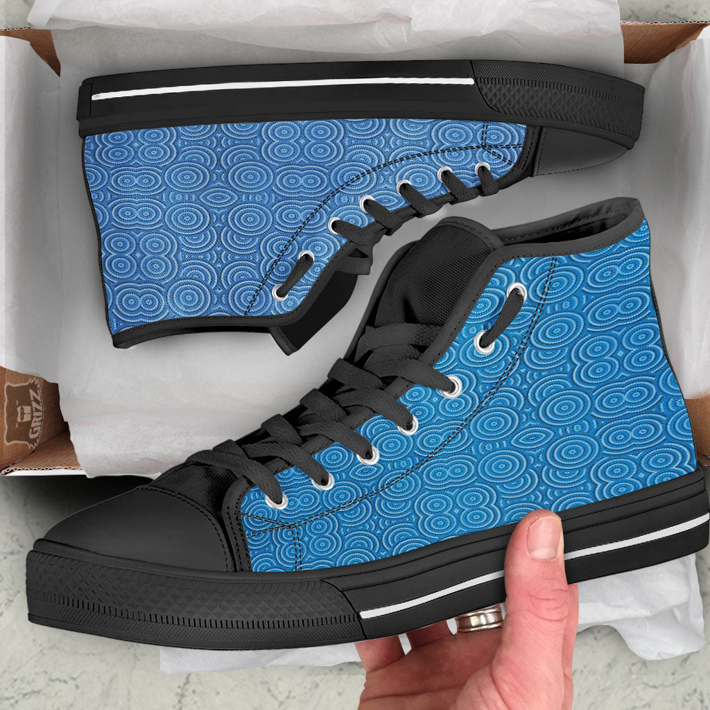 Aboriginal Dot Blue Print Pattern Black High Top Shoes-grizzshop