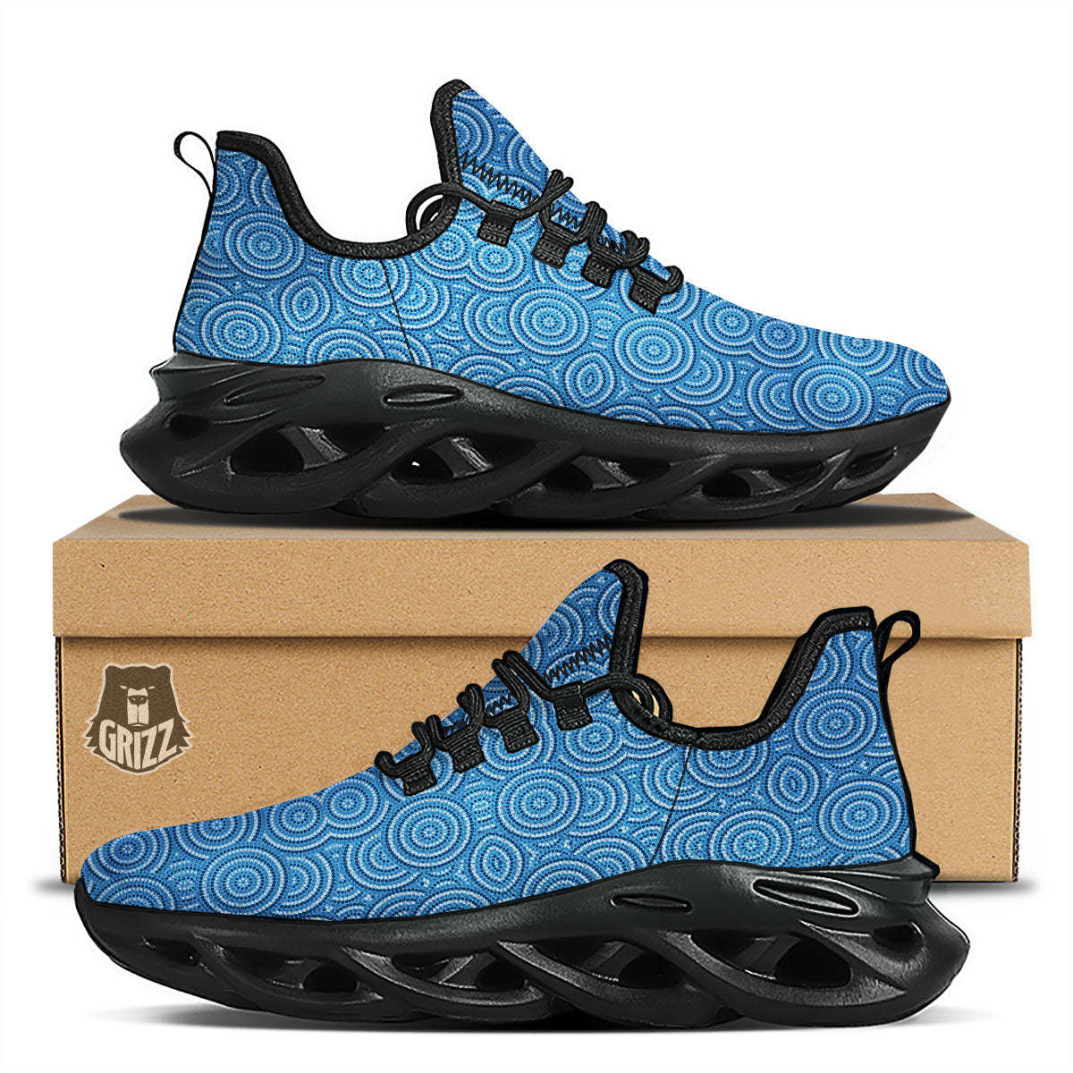 Aboriginal Dot Blue Print Pattern Black Running Shoes-grizzshop
