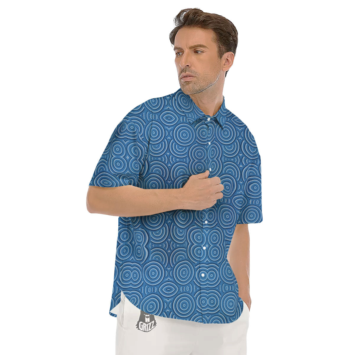 Aboriginal Dot Blue Print Pattern Men's Short Sleeve Shirts-grizzshop