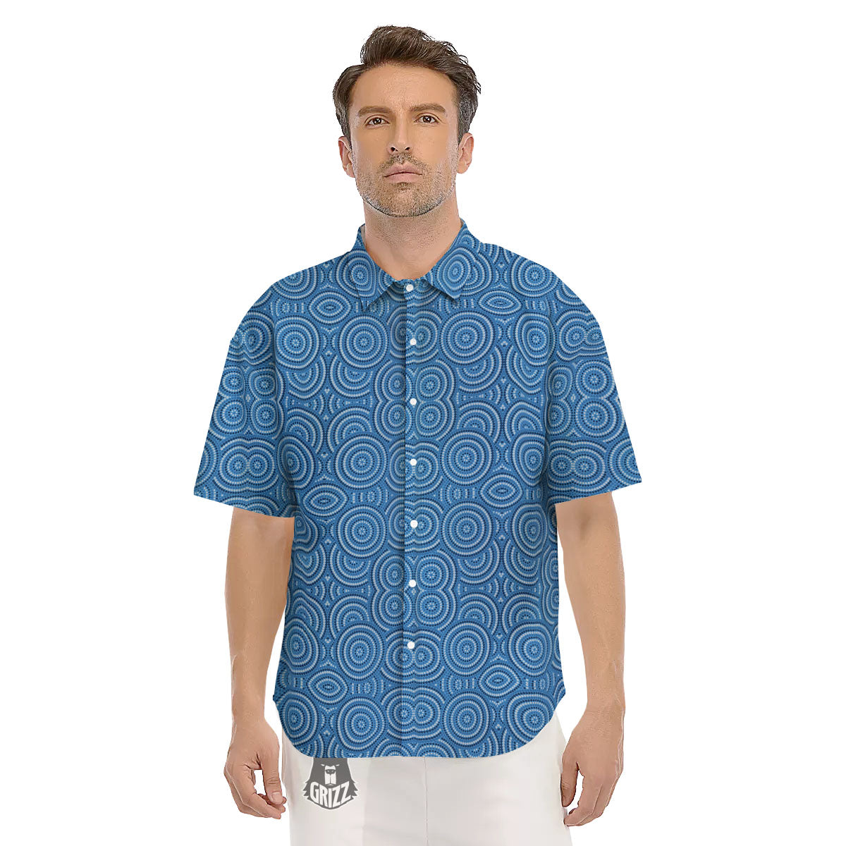 Aboriginal Dot Blue Print Pattern Men's Short Sleeve Shirts-grizzshop