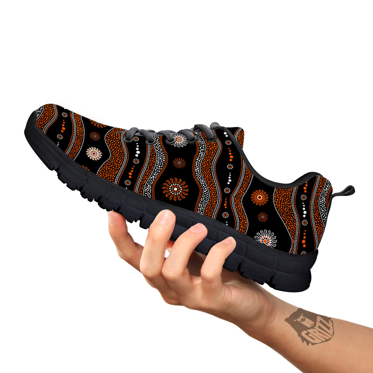 Aboriginal Orange And White Art Print Pattern Black Sneaker-grizzshop