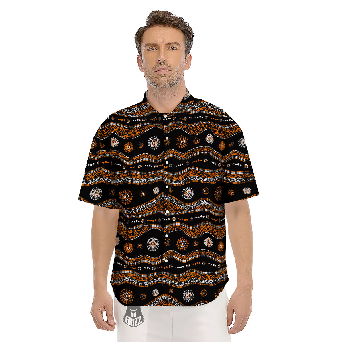 Aboriginal Orange And White Art Print Pattern Men's Short Sleeve Shirts-grizzshop