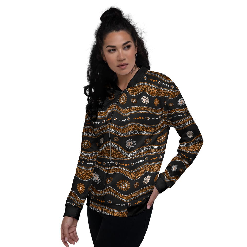 Aboriginal Orange And White Art Print Pattern Women's Bomber Jacket-grizzshop