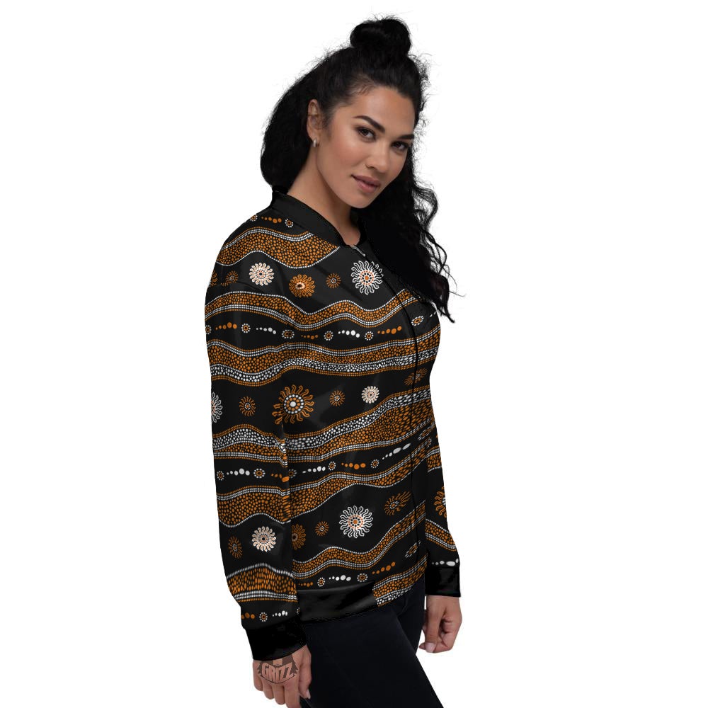 Aboriginal Orange And White Art Print Pattern Women's Bomber Jacket-grizzshop