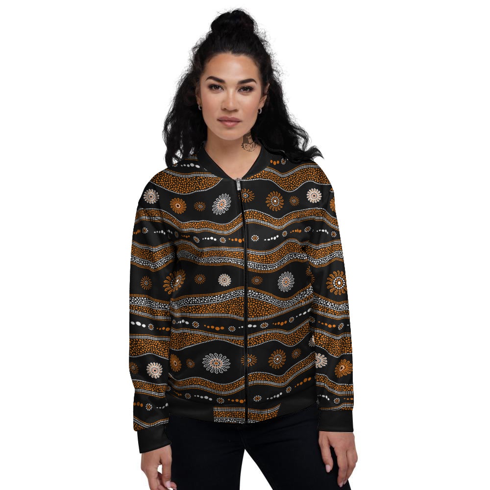 Aboriginal Orange And White Art Print Pattern Women's Bomber Jacket-grizzshop