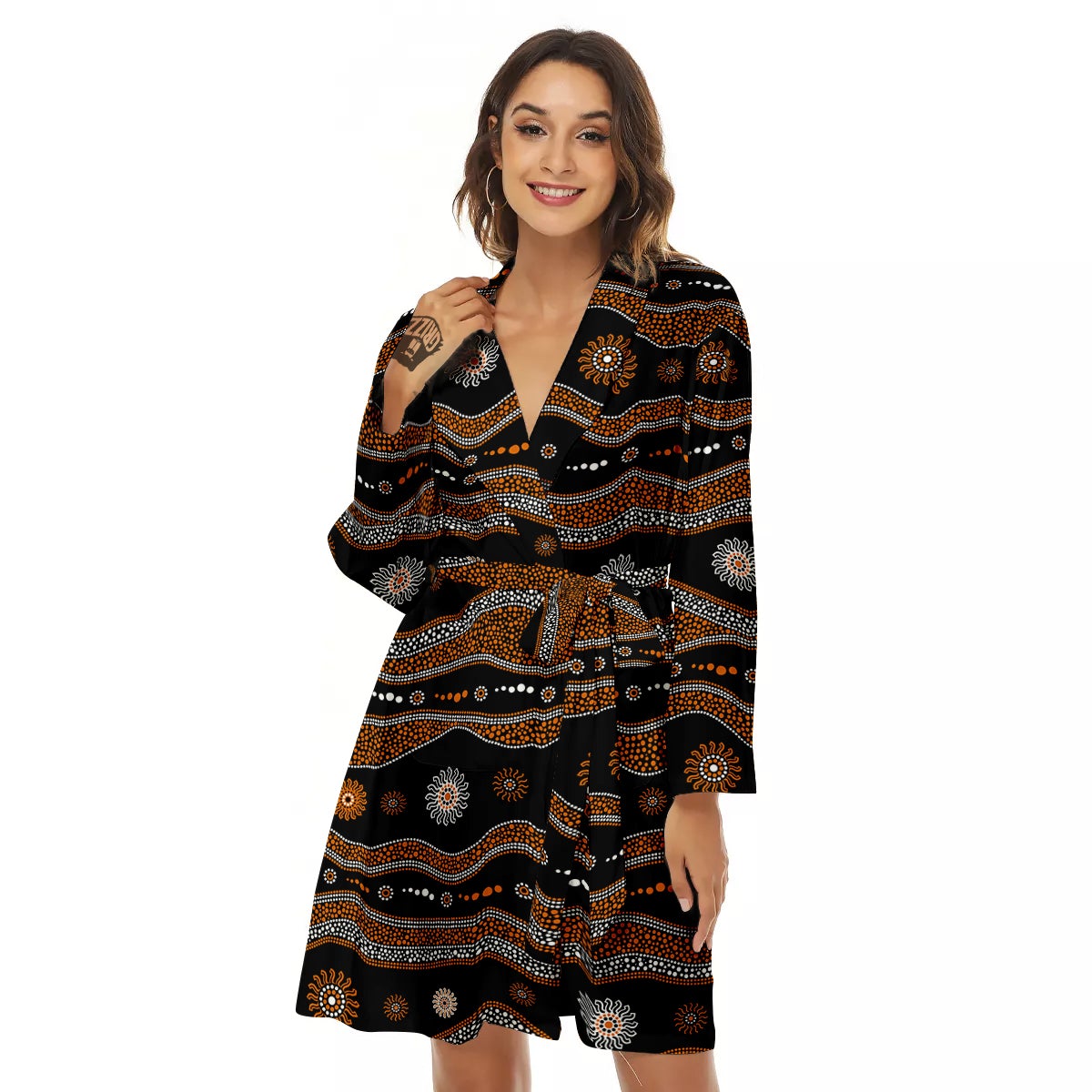 Aboriginal Orange And White Art Print Pattern Women's Robe-grizzshop