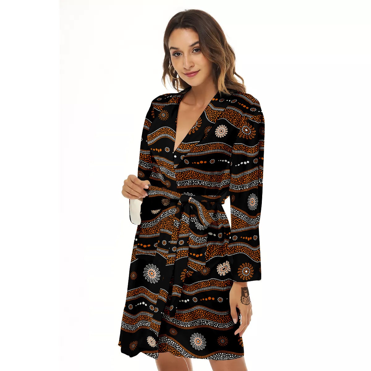 Aboriginal Orange And White Art Print Pattern Women's Robe-grizzshop