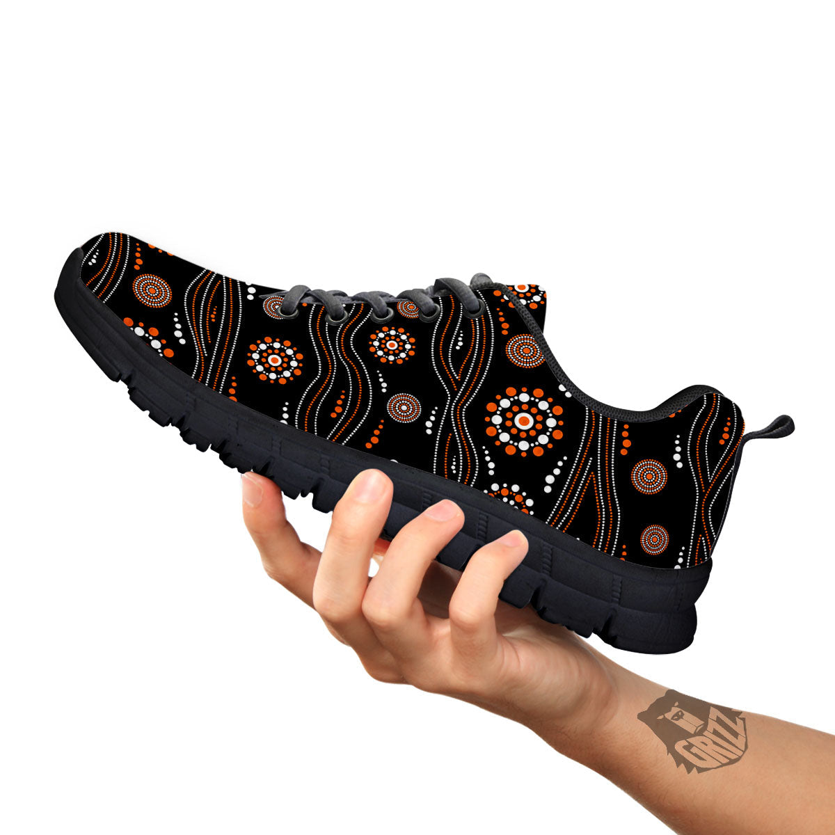 Aboriginal Orange And White Dot Print Pattern Black Sneaker-grizzshop