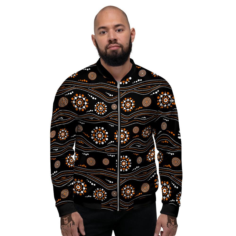 Aboriginal Orange And White Dot Print Pattern Men's Bomber Jacket-grizzshop